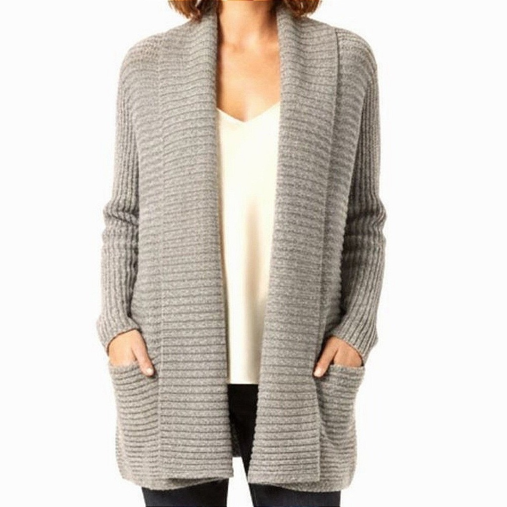Soft Joie Cardigan Wool Sweater Women S Gray Shawl Collar Ribbed Knit Open Front